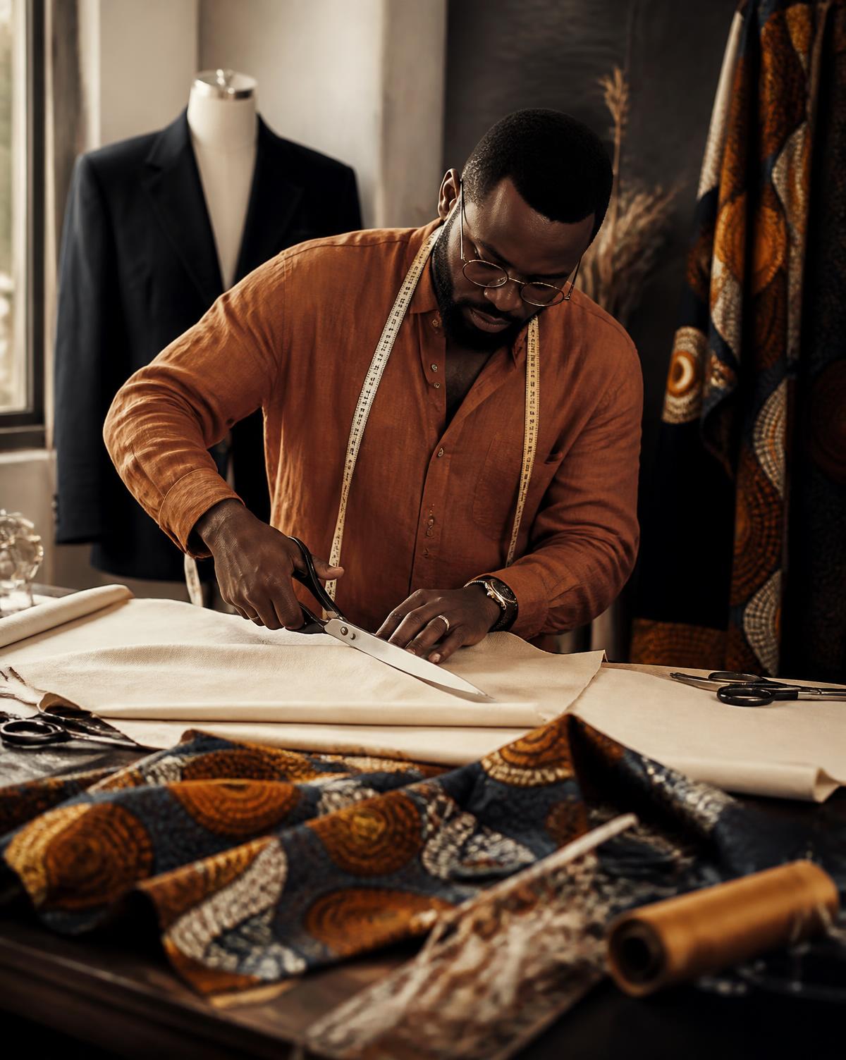 Nigerian master tailor cutting cream fabric beside ankara print cloth in an atelier